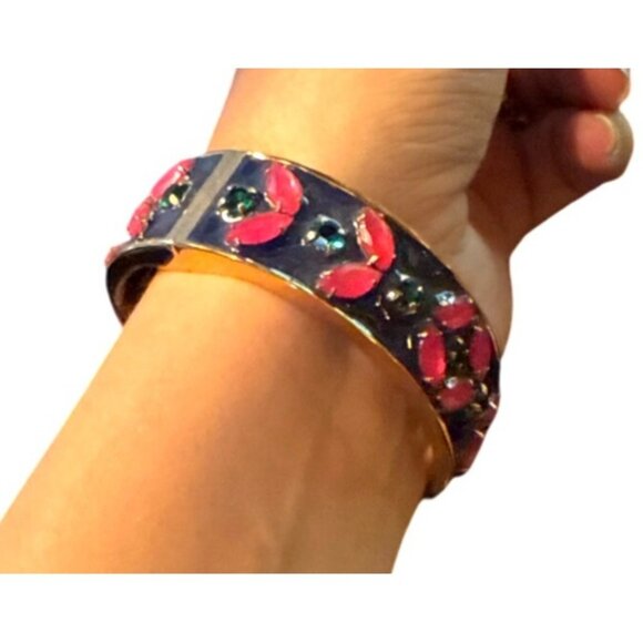 J.Crew Enamel & Gold-Tone Bangle With Pink & Green Floral Design - NOS - Picture 5 of 12